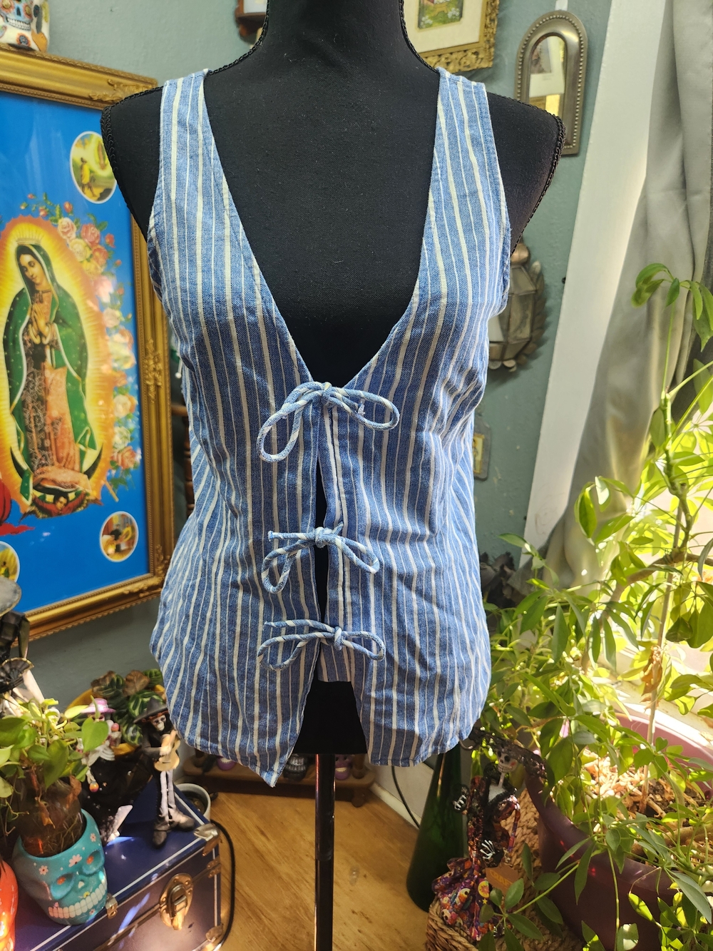 a new day Blue and White Striped Tie-Front Tank Top